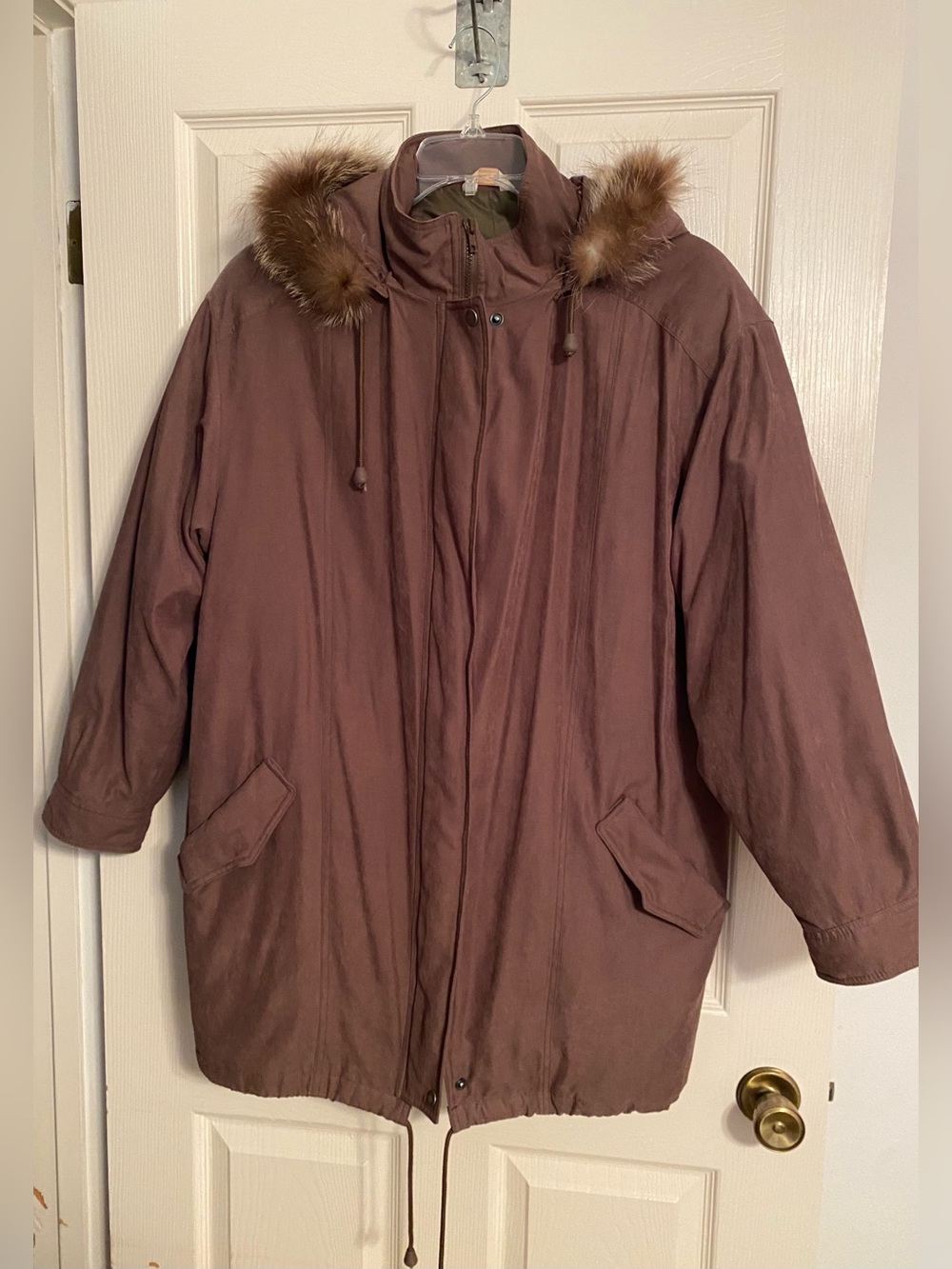 ANDREA FENZI Mauve Brown Hooded Puffer with Faux Fur Trim
